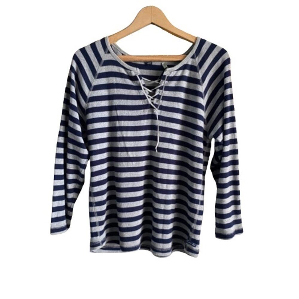 American Eagle Gray Blue Striped Laced Up Henley Long SLeeve Shirt Sz XL